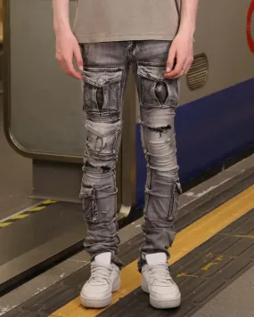 Distressed Gothic Cargo Grey Jeans with Multiple Pockets