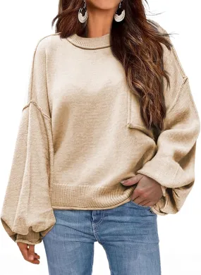 Dokotoo Women's Sweater 2024 Fall Winter Long Sleeve Casual Tops Ribbed Hem Knitwear Lantern Pullover Sweater
