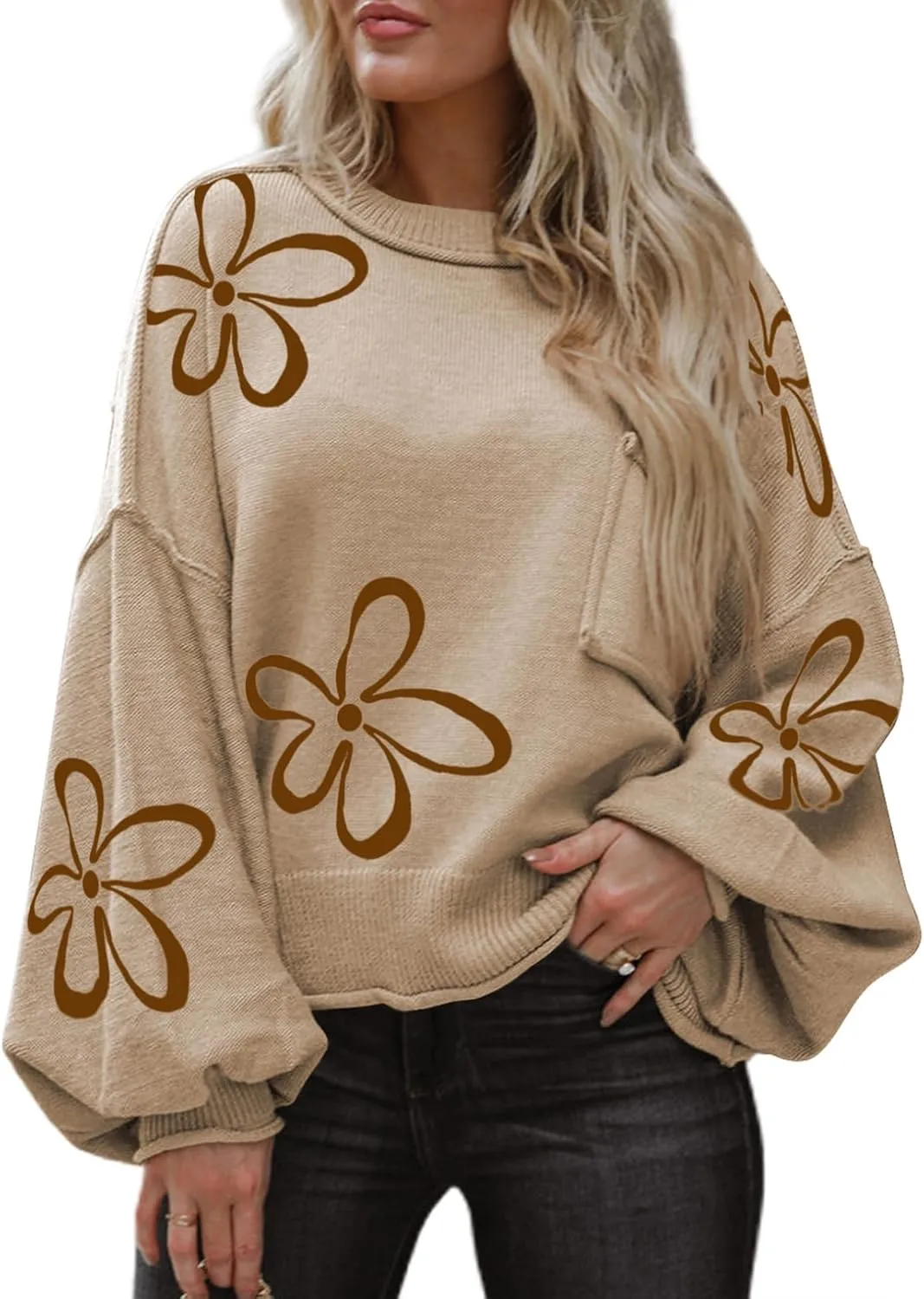 Dokotoo Women's Sweater 2024 Fall Winter Long Sleeve Casual Tops Ribbed Hem Knitwear Lantern Pullover Sweater