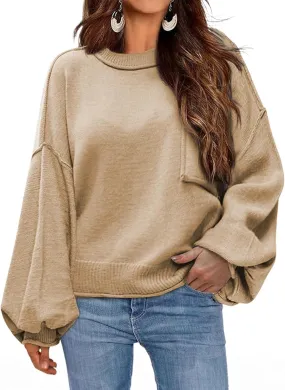Dokotoo Women's Sweater 2024 Fall Winter Long Sleeve Casual Tops Ribbed Hem Knitwear Lantern Pullover Sweater
