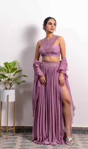 EMBROIDERED BLOUSE WITH HIGH SLIT LEHENGA AND FRILL DUPATTA ( WITHOUT SLIT AVAILABLE)