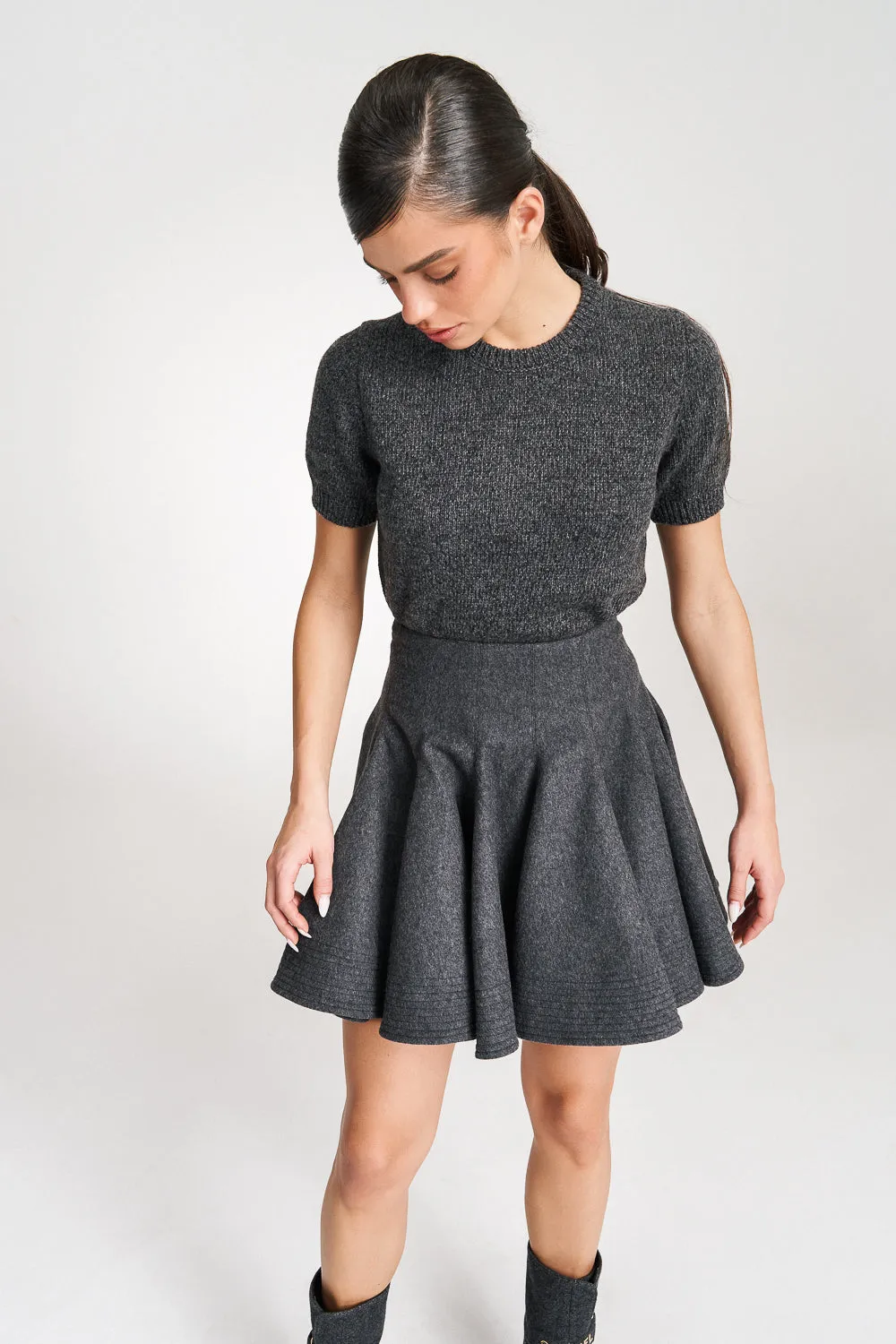 'Emily' Structured Grey Wool Mini Skirt
