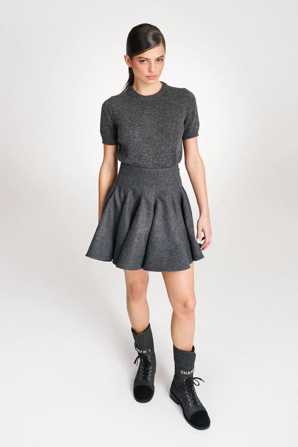 'Emily' Structured Grey Wool Mini Skirt