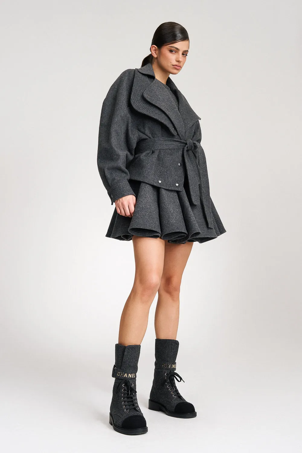 'Emily' Structured Grey Wool Mini Skirt