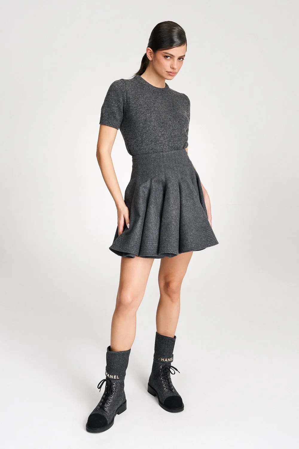 'Emily' Structured Grey Wool Mini Skirt