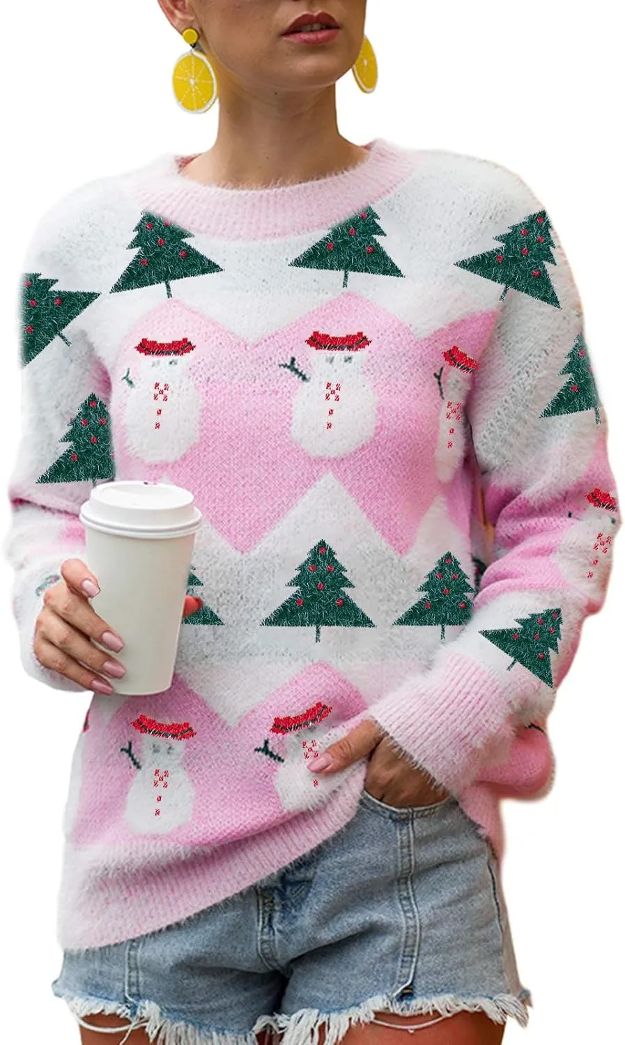FLOYU Women Christmas Sweater Reindeer Knit Sweater Christmas Sweater New Year Crew Neck Knit Christmas Pullover