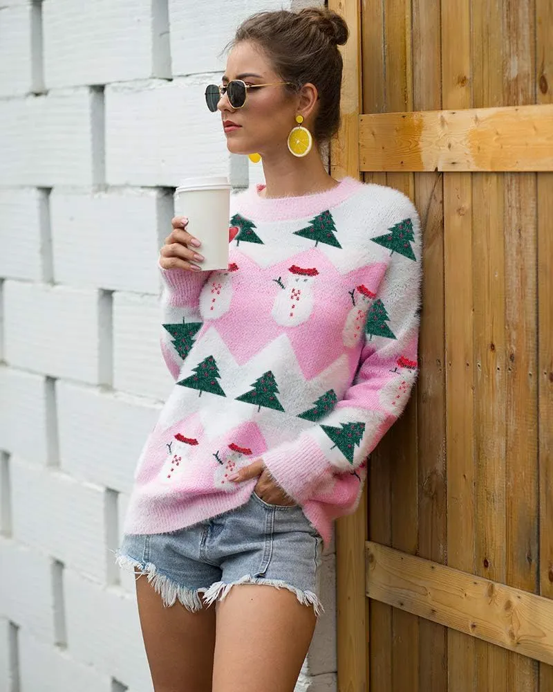 FLOYU Women Christmas Sweater Reindeer Knit Sweater Christmas Sweater New Year Crew Neck Knit Christmas Pullover