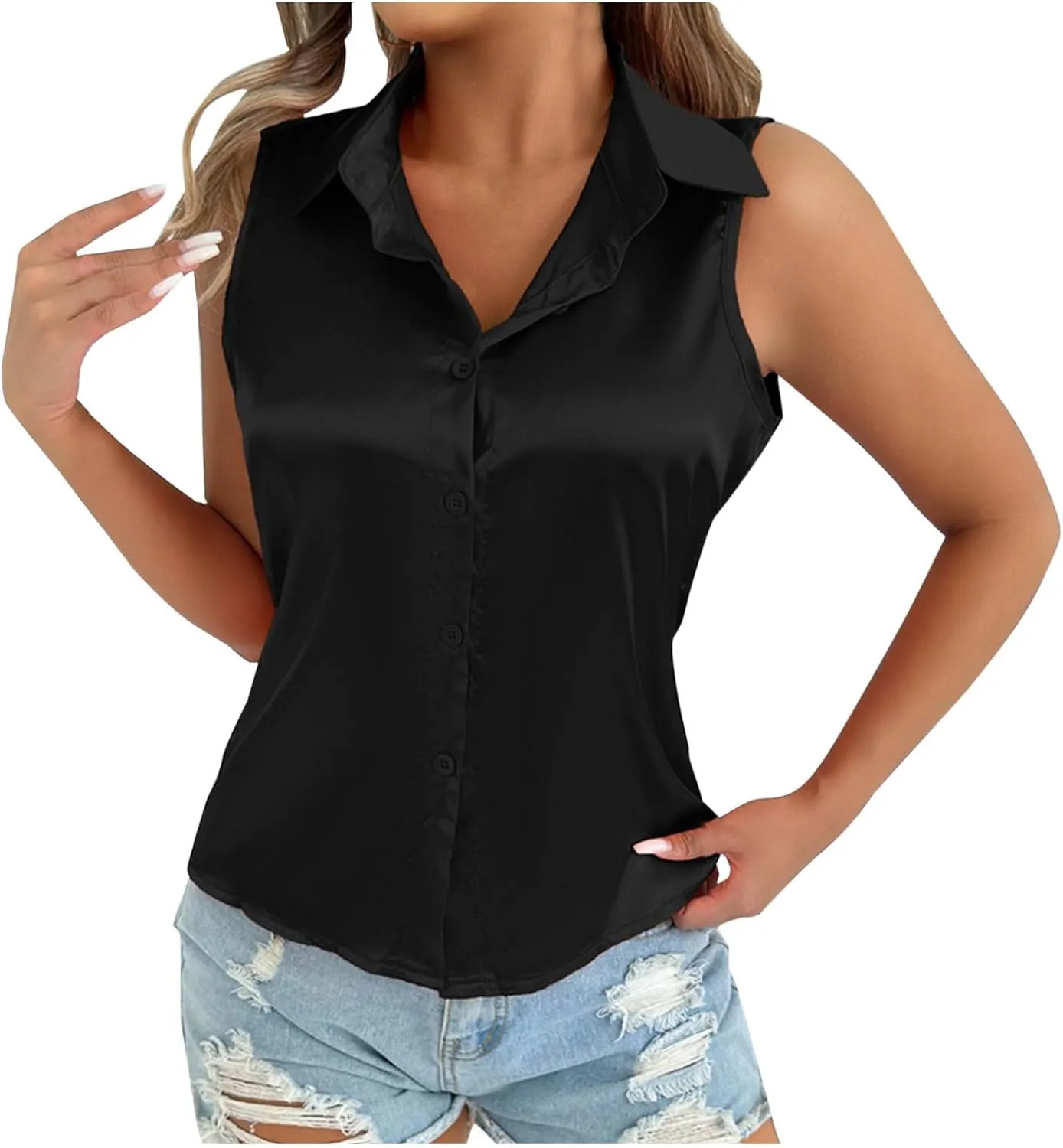 HGps8w Silky Tank Tops for Womens 2025 Summer Button Down Satin Work Shirts Dressy Collared Sleeveless Business Casual Blouse