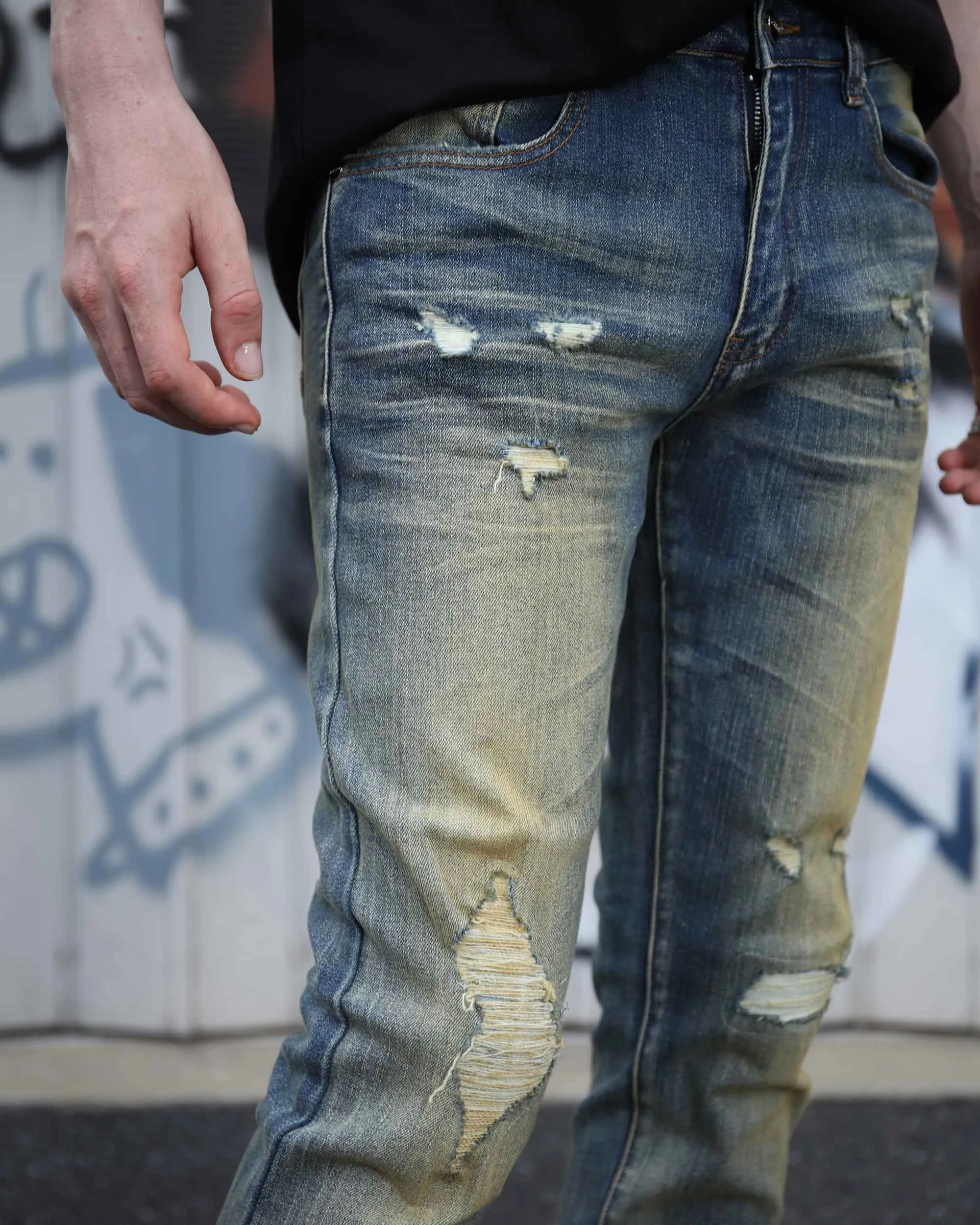 Irregularly Distressed Dark Wash Slim Fit Blue Ripped Jeans-Mexico Local Delivery