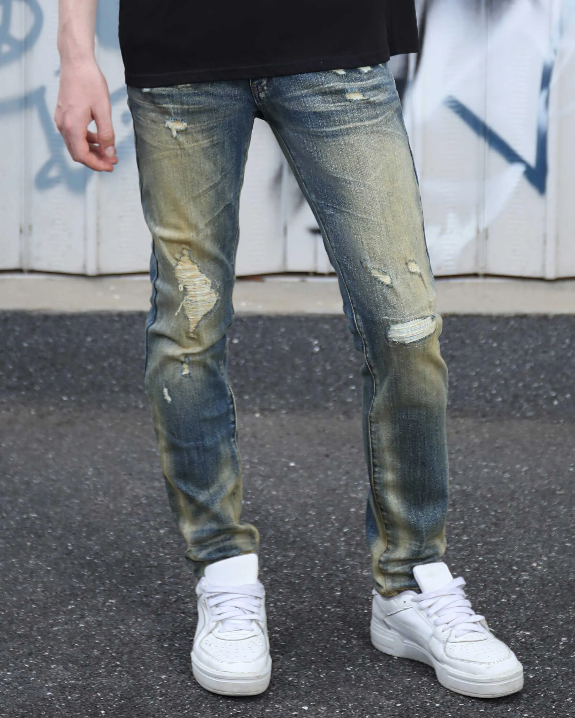 Irregularly Distressed Dark Wash Slim Fit Blue Ripped Jeans-Mexico Local Delivery