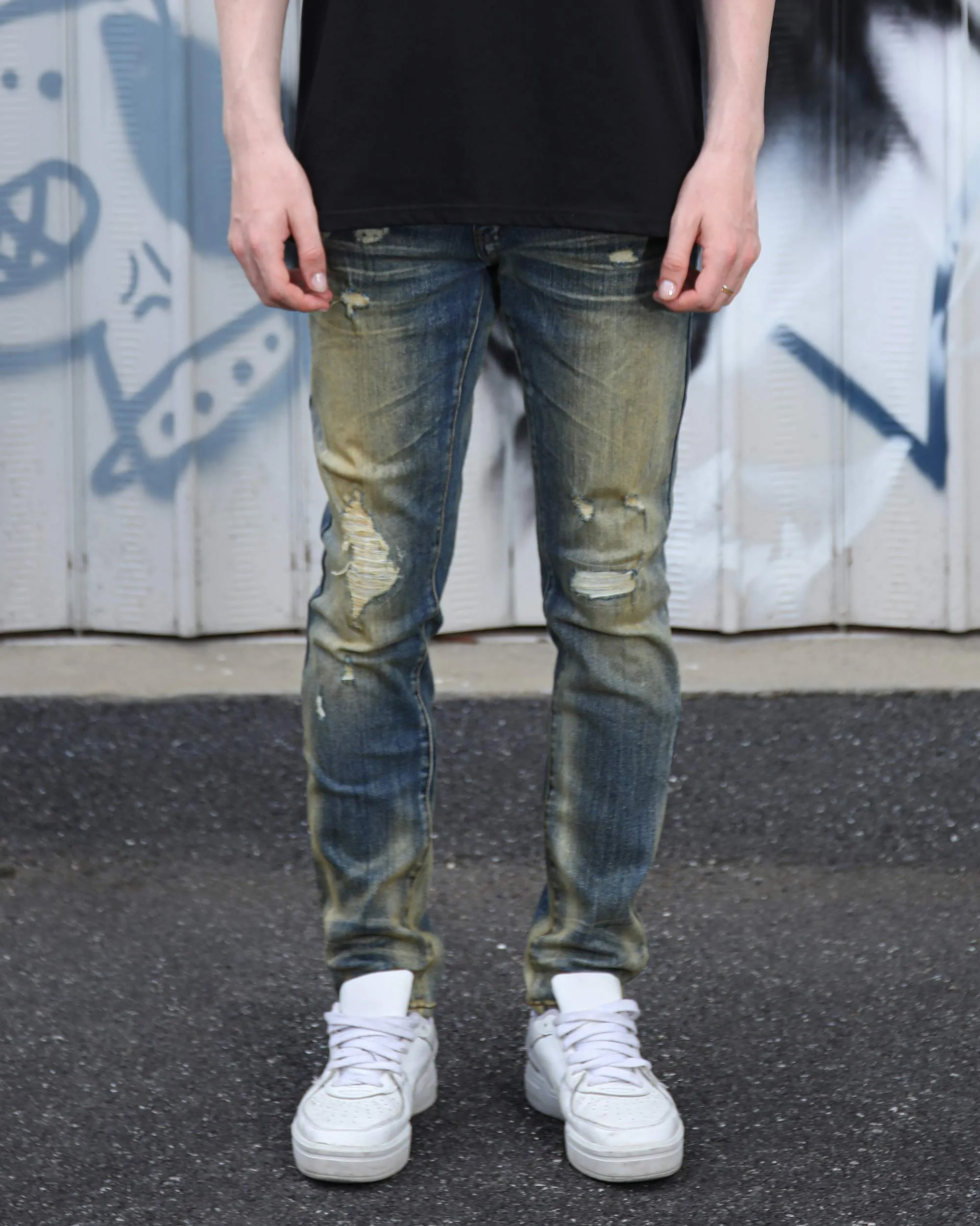 Irregularly Distressed Dark Wash Slim Fit Blue Ripped Jeans-Mexico Local Delivery
