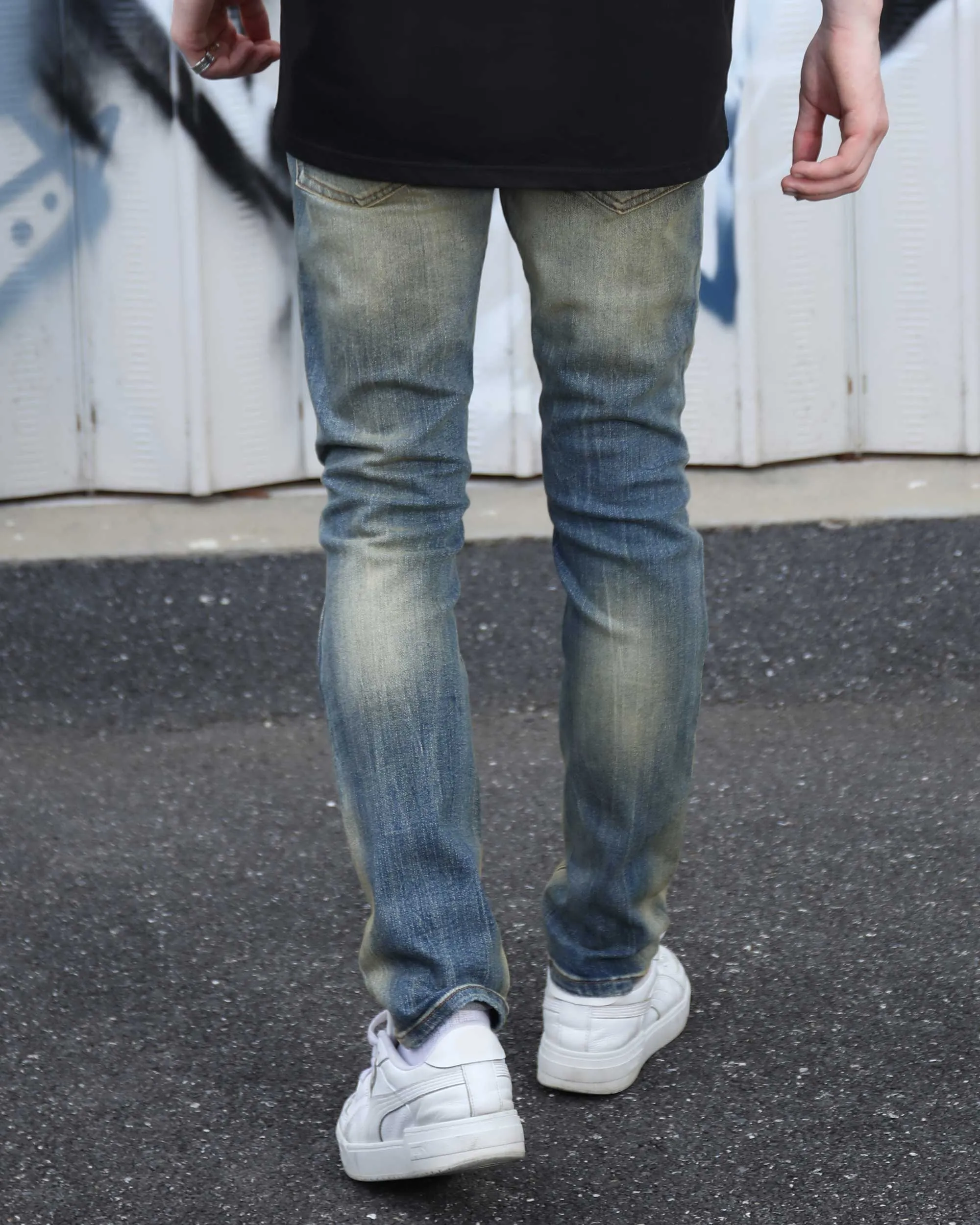 Irregularly Distressed Dark Wash Slim Fit Blue Ripped Jeans-Mexico Local Delivery