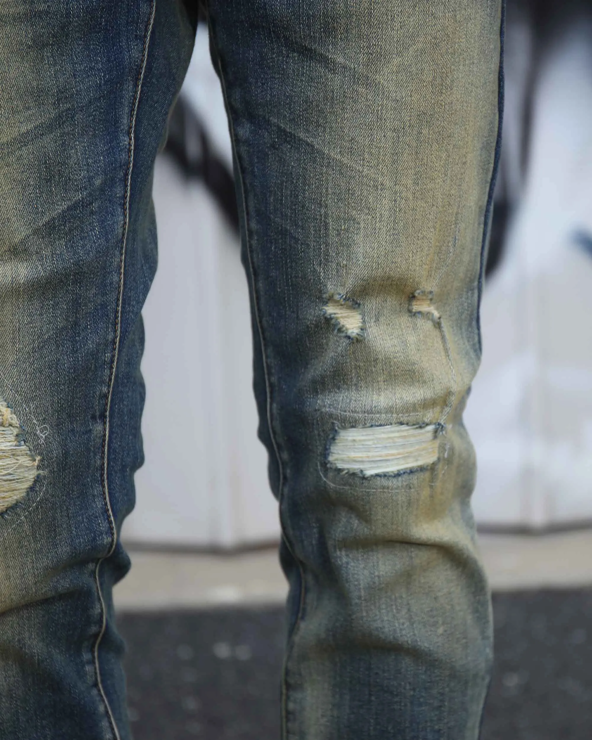 Irregularly Distressed Dark Wash Slim Fit Blue Ripped Jeans-Mexico Local Delivery