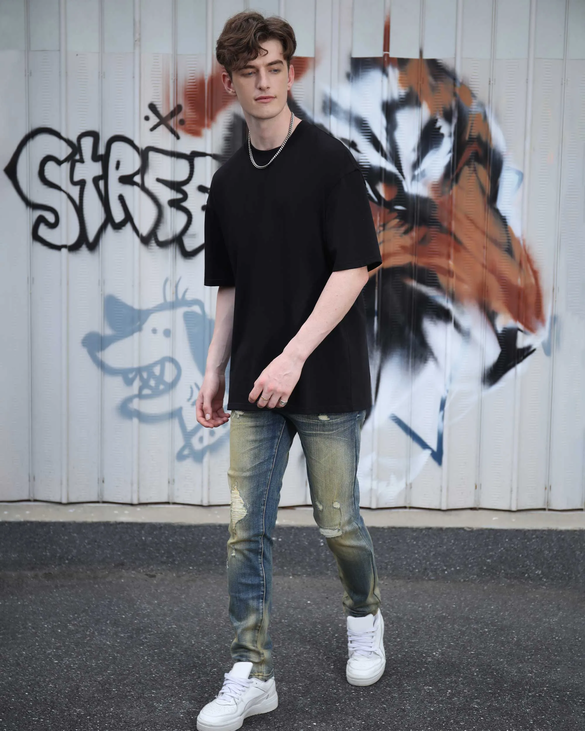 Irregularly Distressed Dark Wash Slim Fit Blue Ripped Jeans-Mexico Local Delivery