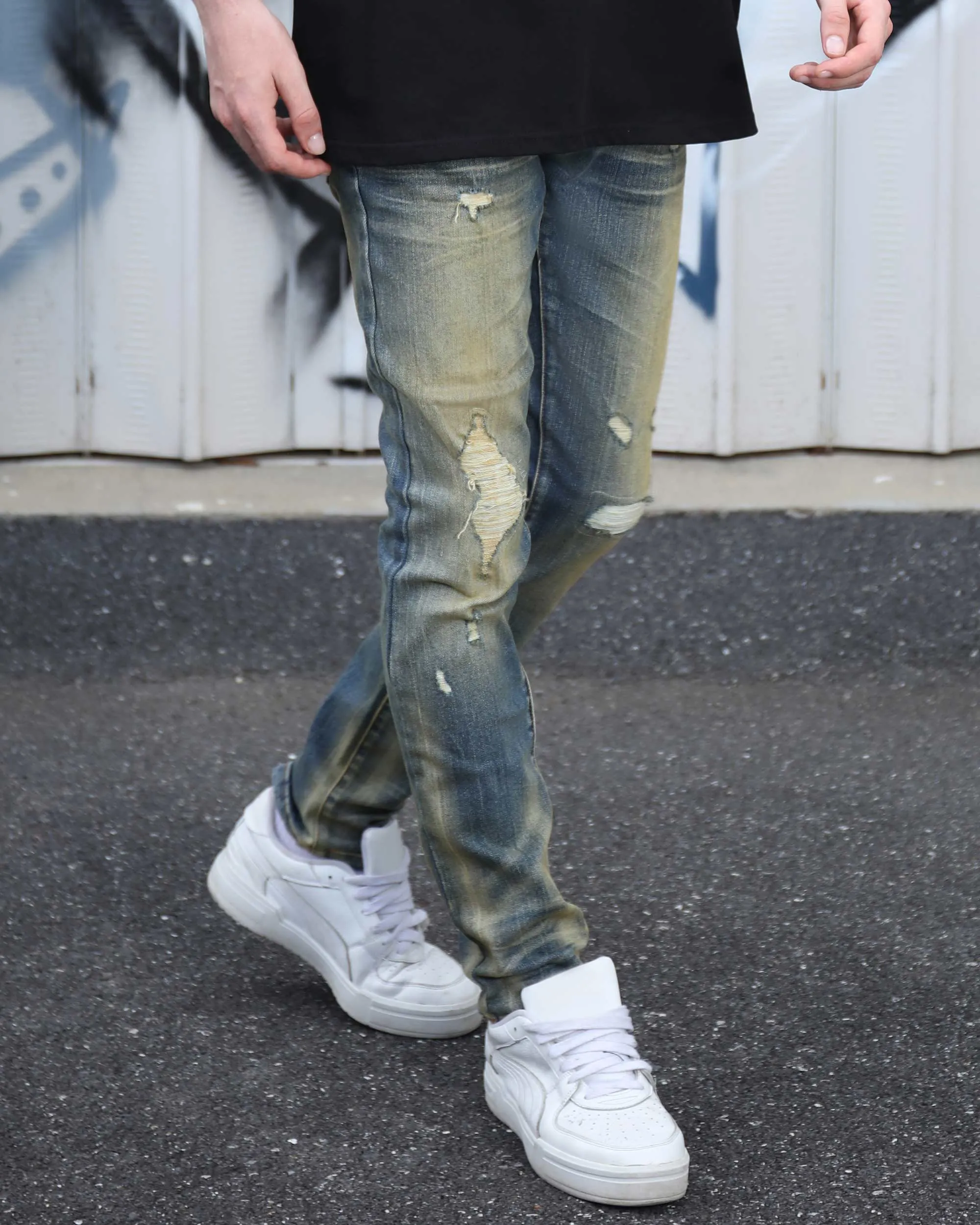 Irregularly Distressed Dark Wash Slim Fit Blue Ripped Jeans-Mexico Local Delivery