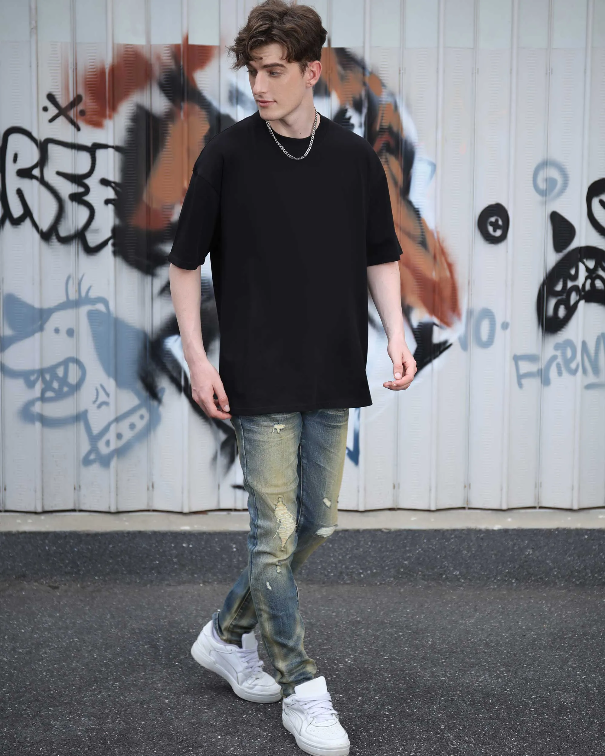 Irregularly Distressed Dark Wash Slim Fit Blue Ripped Jeans-Mexico Local Delivery