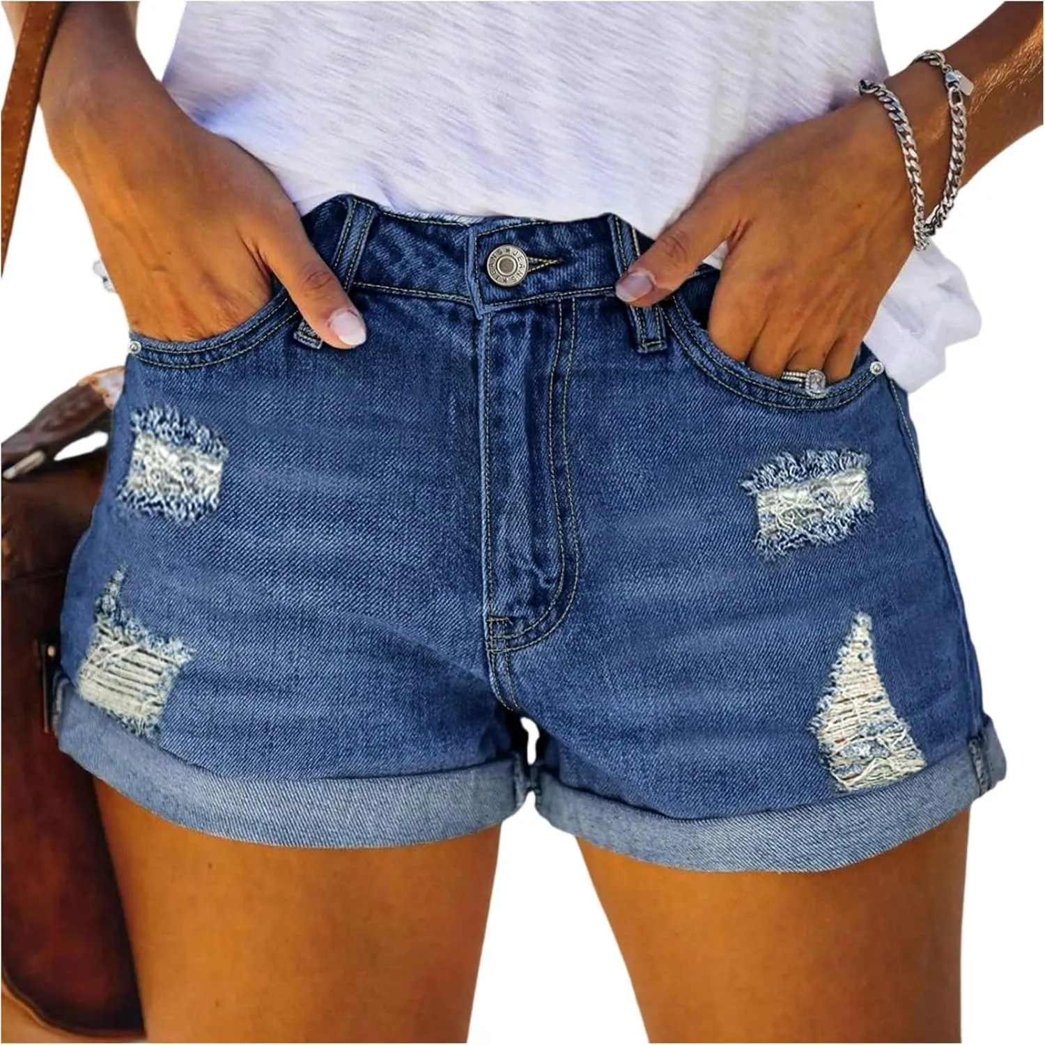 Jeans Shorts for Women High Waisted Ripped Denim Shorts Roll Up Stretchy Jeans Short Distressed Short Jean