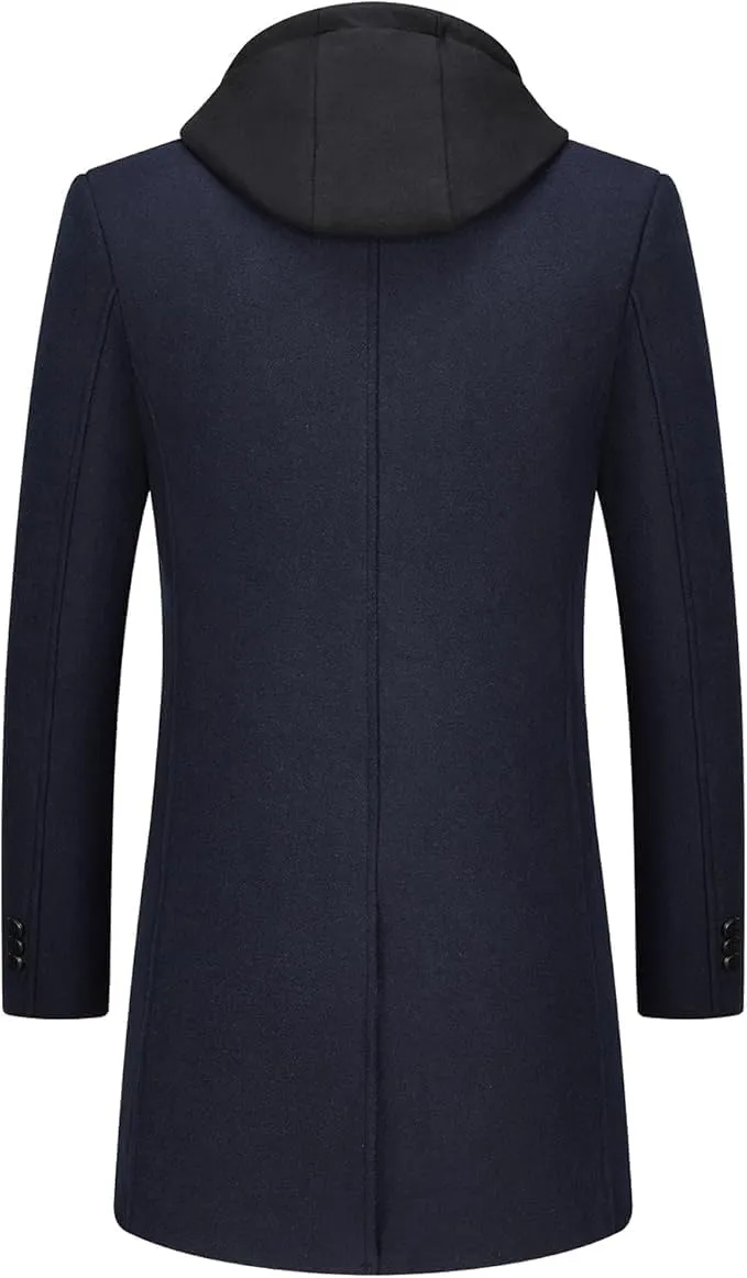 Lamgool Men's Winter Long Coat Wool Blend Single Breasted Overcoat With Removable Hood