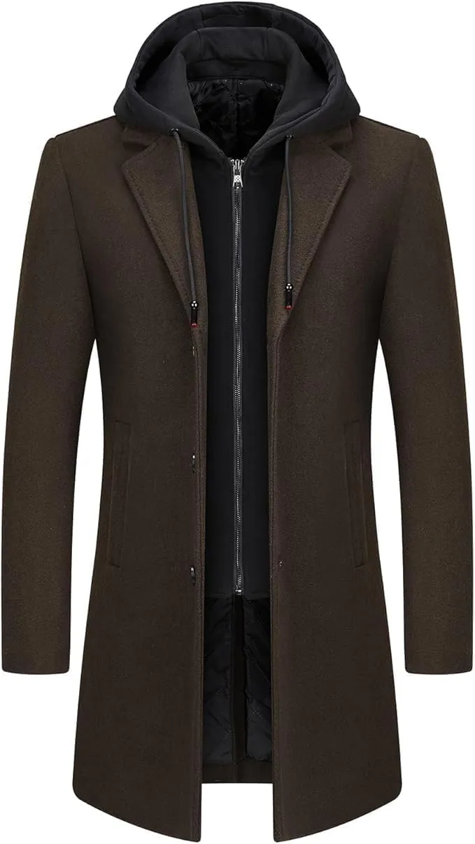 Lamgool Men's Winter Long Coat Wool Blend Single Breasted Overcoat With Removable Hood