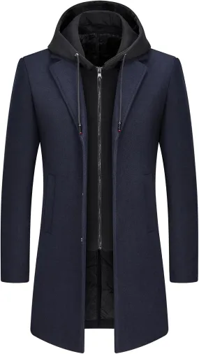 Lamgool Men's Winter Long Coat Wool Blend Single Breasted Overcoat With Removable Hood