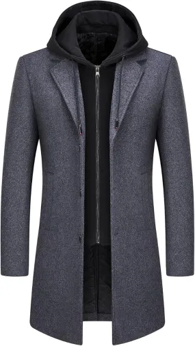 Lamgool Men's Winter Long Coat Wool Blend Single Breasted Overcoat With Removable Hood