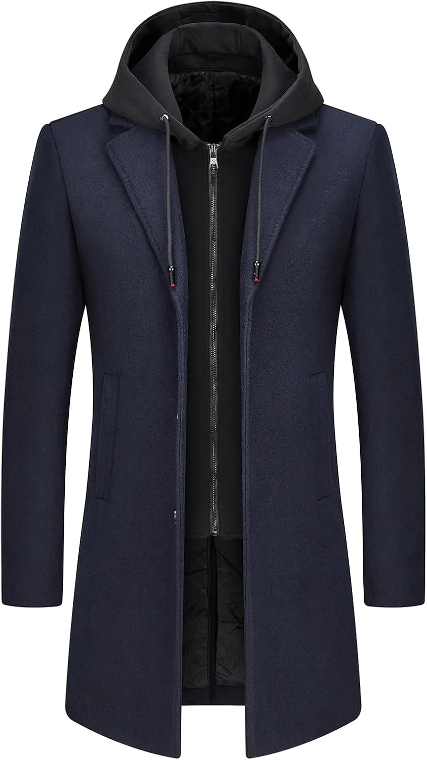 Lamgool Men's Winter Long Coat Wool Blend Single Breasted Overcoat With Removable Hood