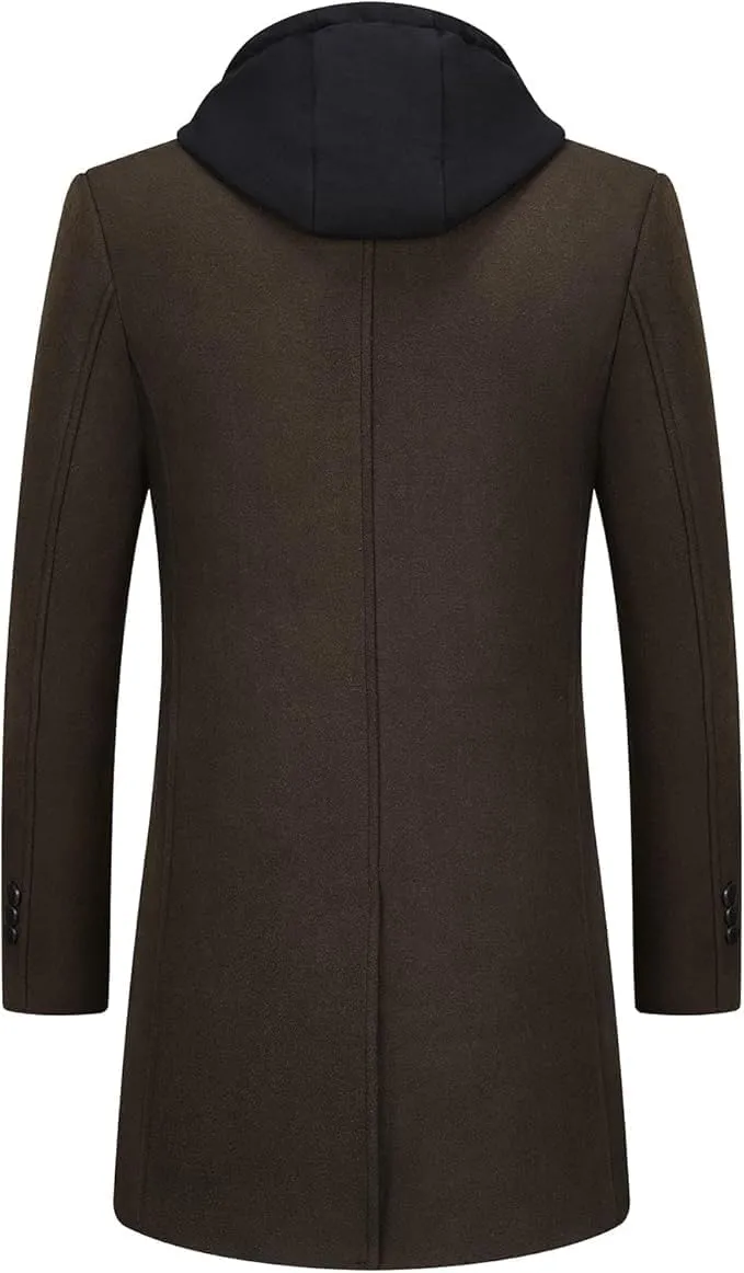Lamgool Men's Winter Long Coat Wool Blend Single Breasted Overcoat With Removable Hood
