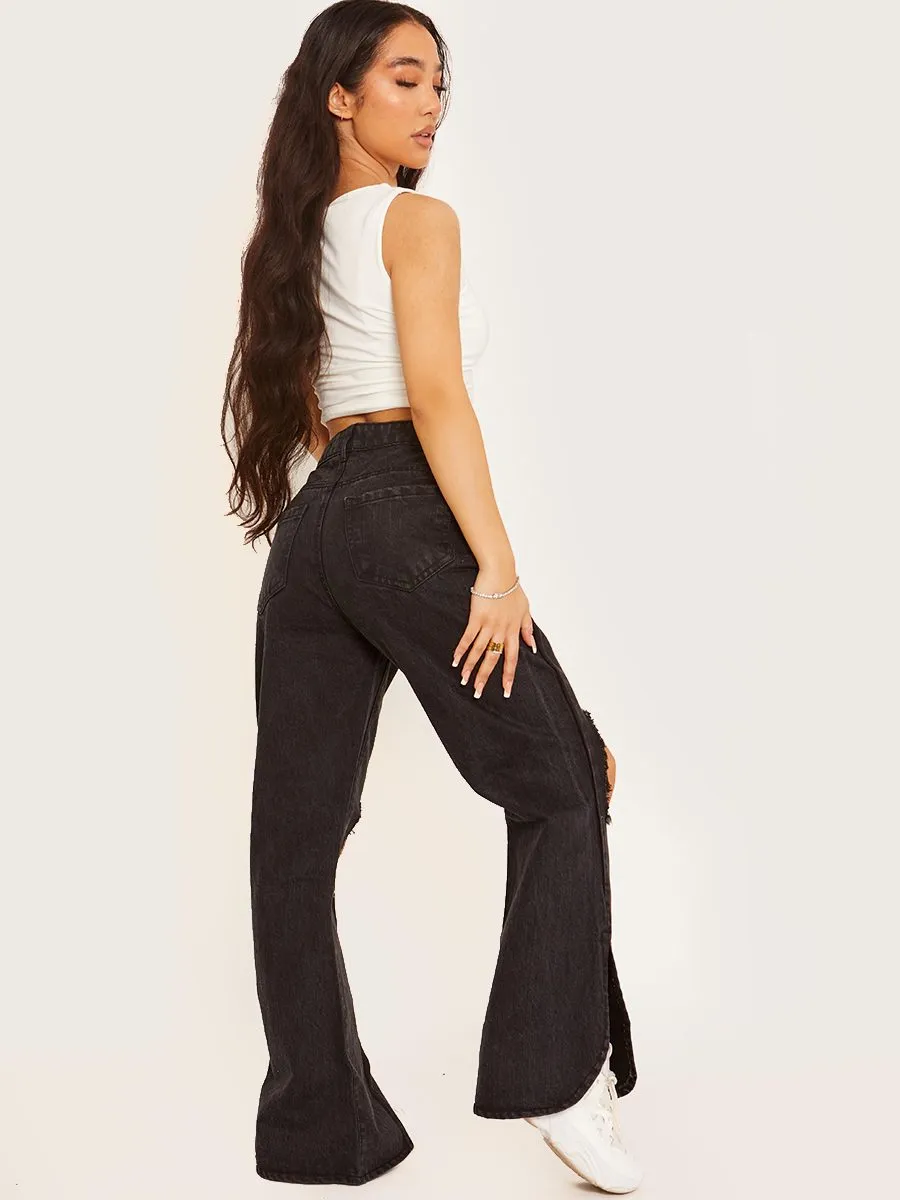 Lauren Ripped Knee Split Flapper Jeans In Black