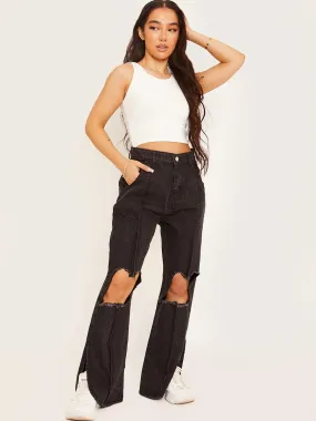 Lauren Ripped Knee Split Flapper Jeans In Black