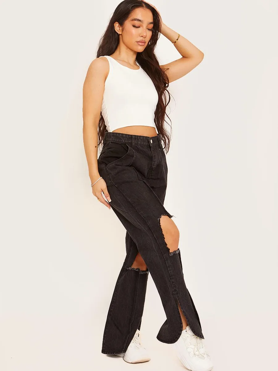 Lauren Ripped Knee Split Flapper Jeans In Black