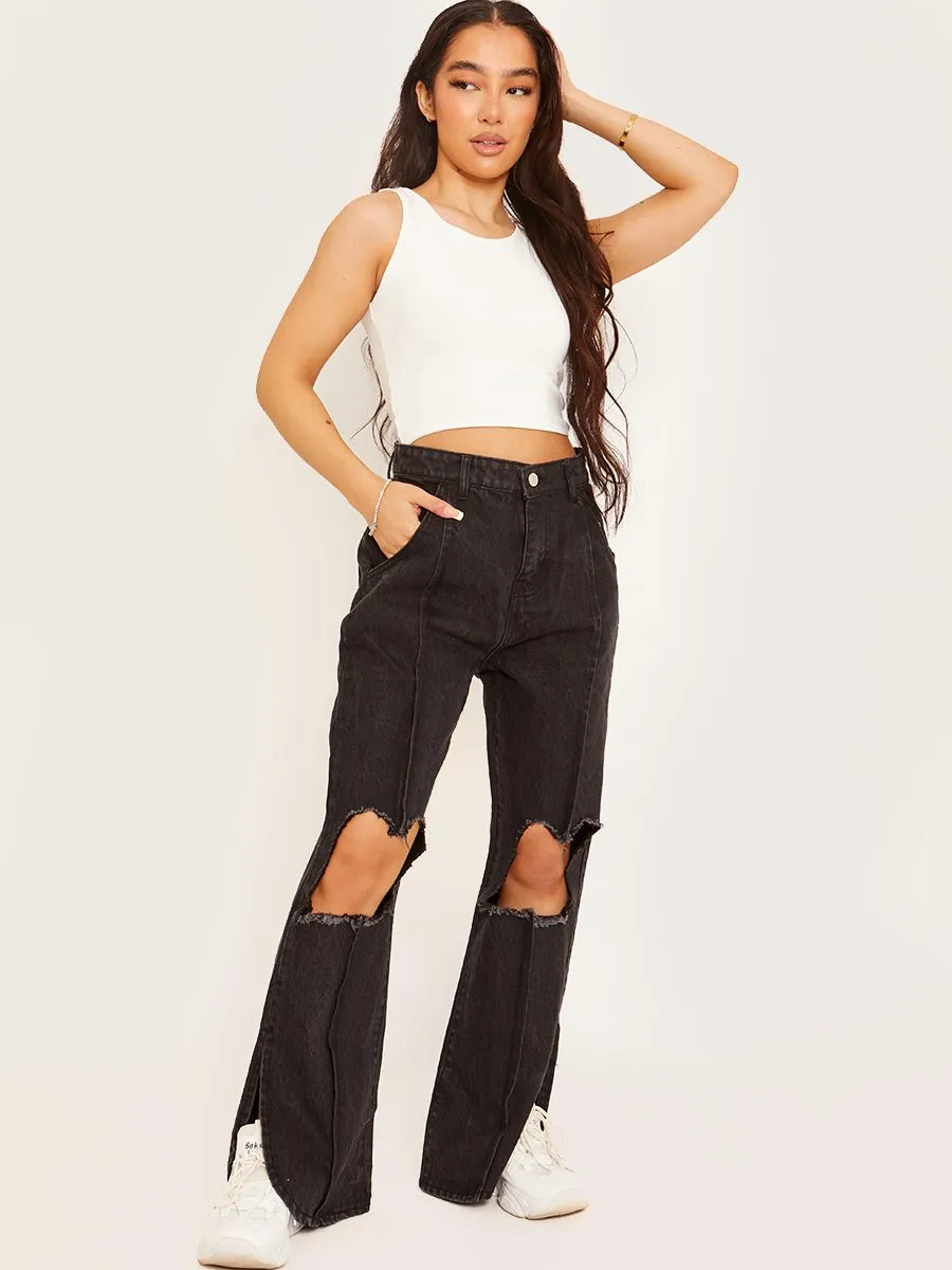 Lauren Ripped Knee Split Flapper Jeans In Black