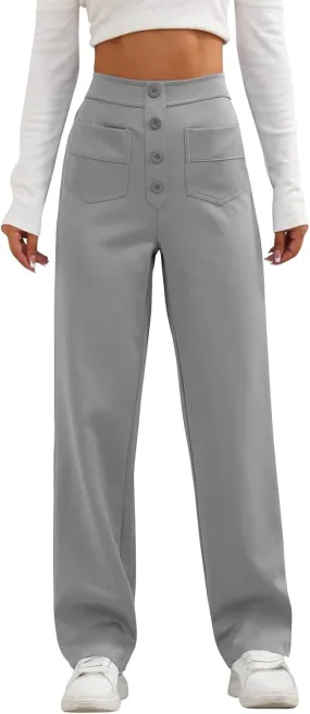 lcyhony Wide Leg Dress Pants for Women High Waisted Buttons Business Casual Pants Y2k Baggy Comfy Trousers Pants with Pockets