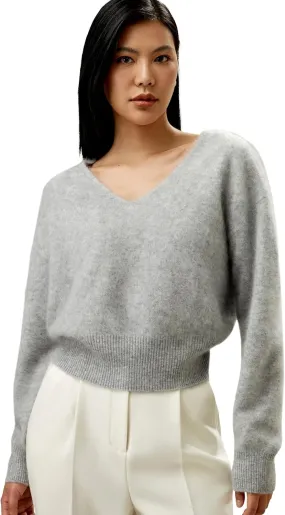 LilySilk Cropped V-Neck 100% Cashmere Sweater for Women Cinched Waist Warm Pullover for Fall Winter