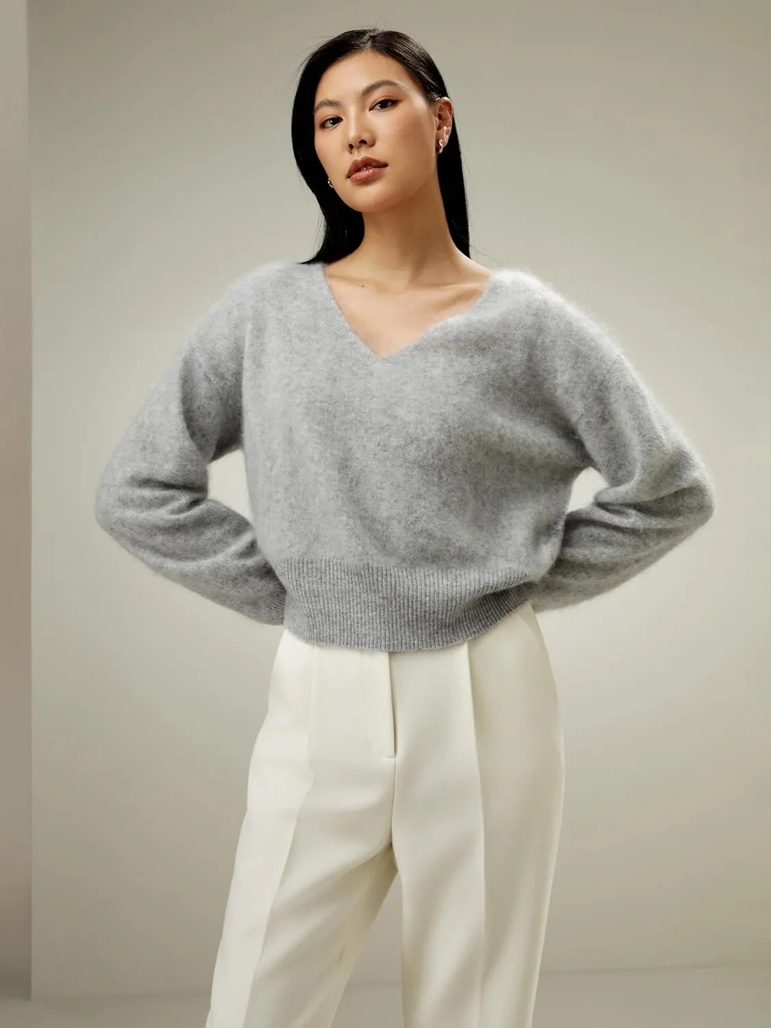 LilySilk Cropped V-Neck 100% Cashmere Sweater for Women Cinched Waist Warm Pullover for Fall Winter