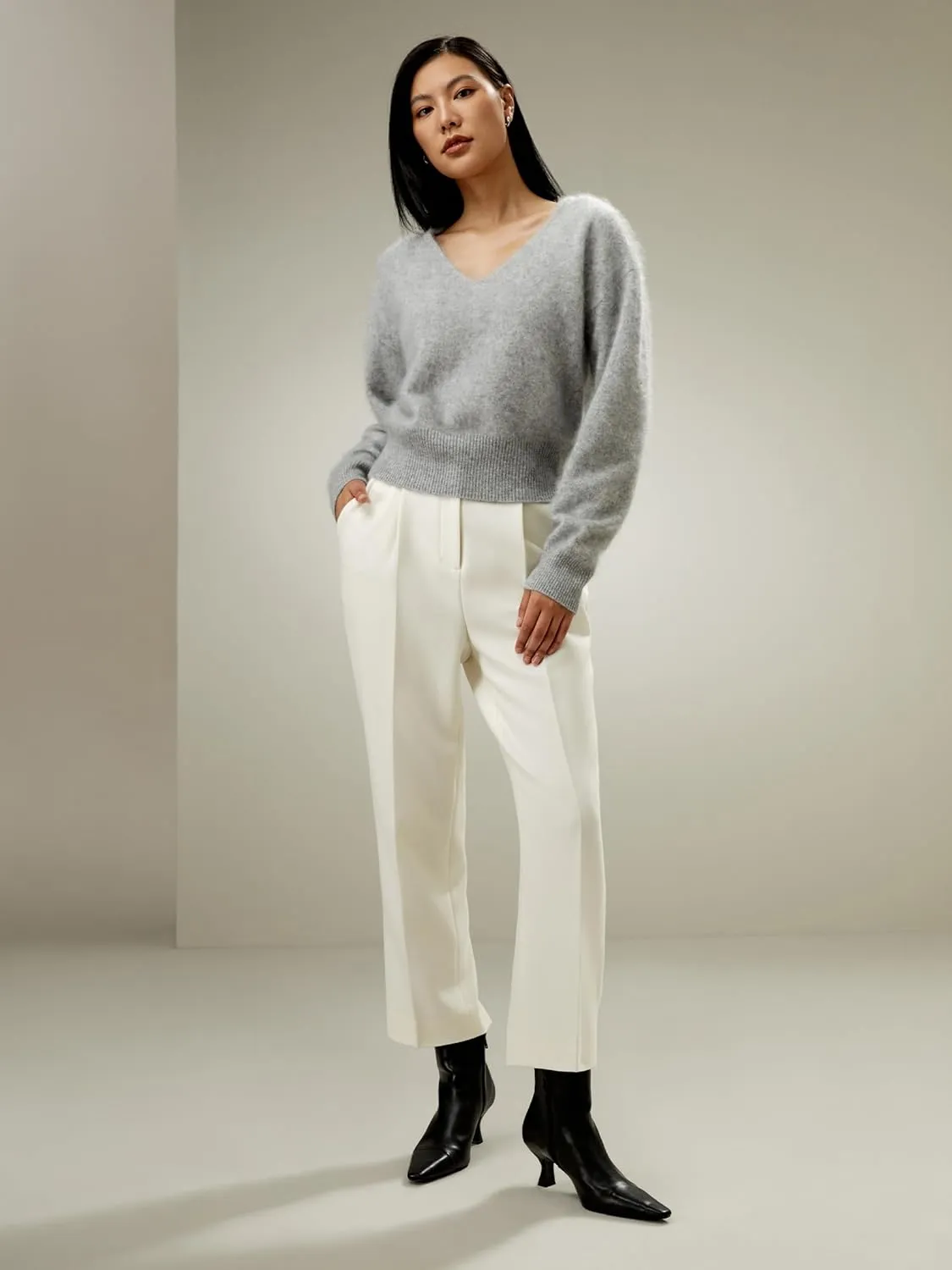 LilySilk Cropped V-Neck 100% Cashmere Sweater for Women Cinched Waist Warm Pullover for Fall Winter