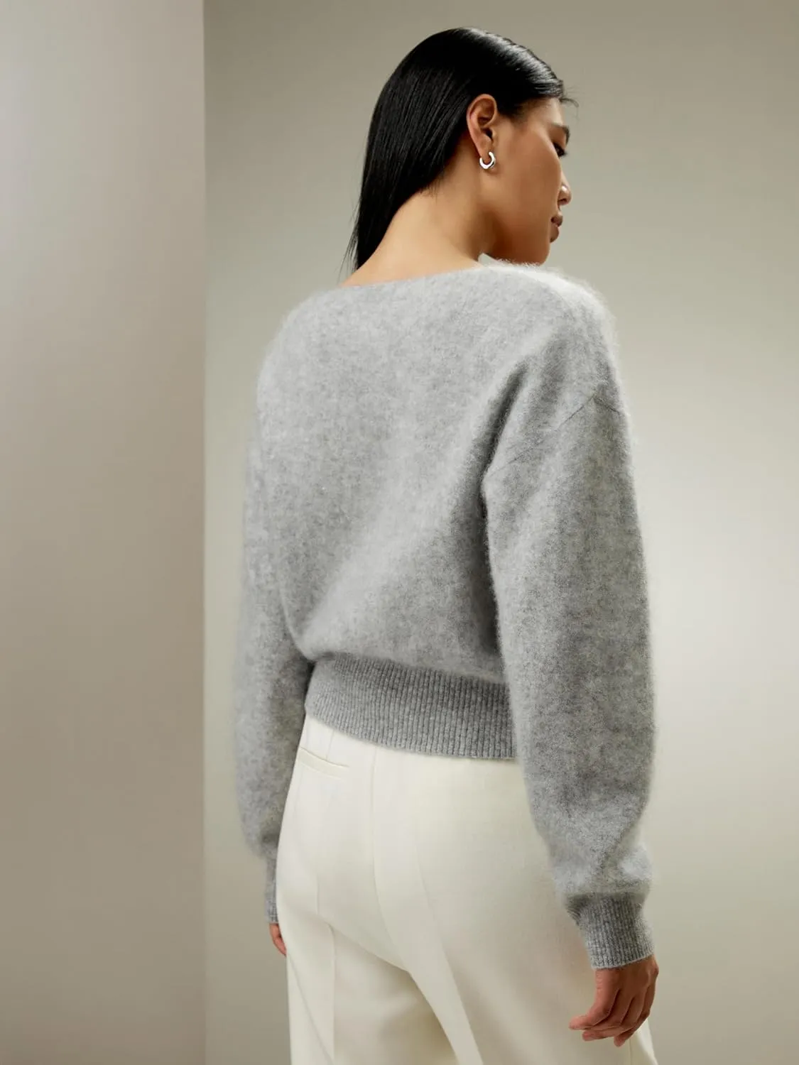 LilySilk Cropped V-Neck 100% Cashmere Sweater for Women Cinched Waist Warm Pullover for Fall Winter