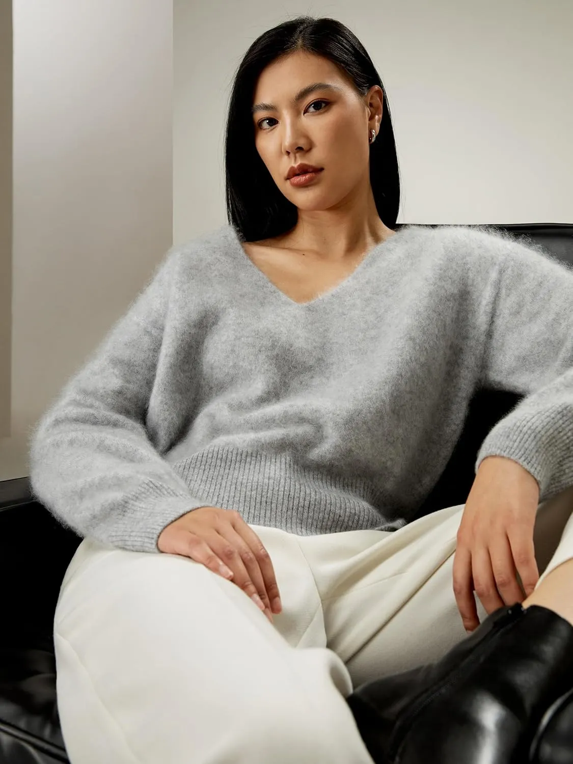 LilySilk Cropped V-Neck 100% Cashmere Sweater for Women Cinched Waist Warm Pullover for Fall Winter