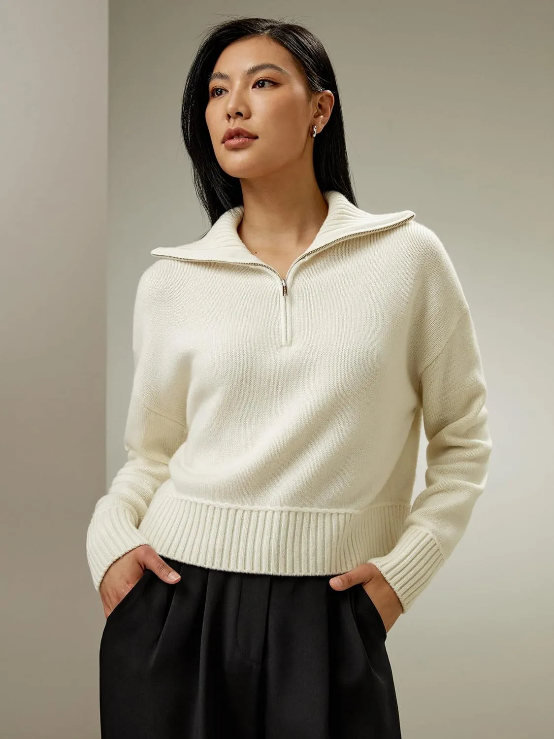 LilySilk Wool Cashmere Blend Sweater for Women Lapel Knitted Pullover Top Ladies Relaxed Fit Dropped Shoulder Sleeves