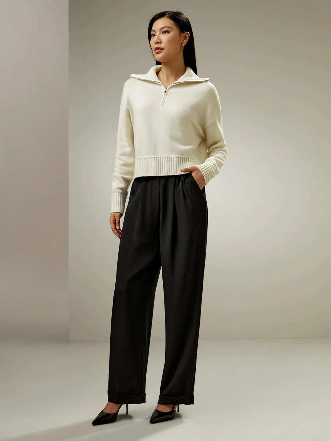 LilySilk Wool Cashmere Blend Sweater for Women Lapel Knitted Pullover Top Ladies Relaxed Fit Dropped Shoulder Sleeves