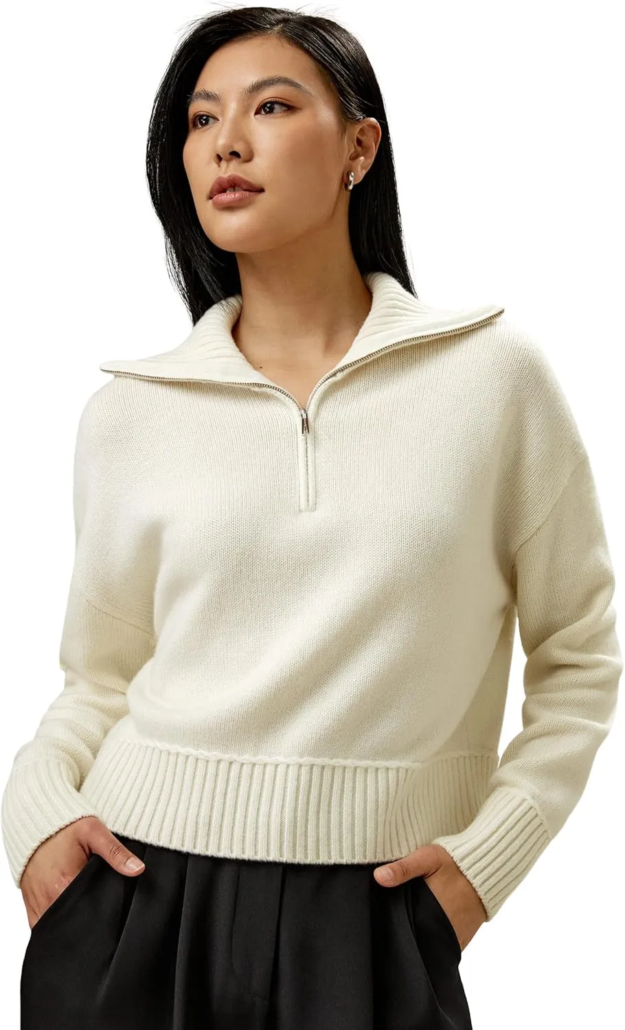 LilySilk Wool Cashmere Blend Sweater for Women Lapel Knitted Pullover Top Ladies Relaxed Fit Dropped Shoulder Sleeves