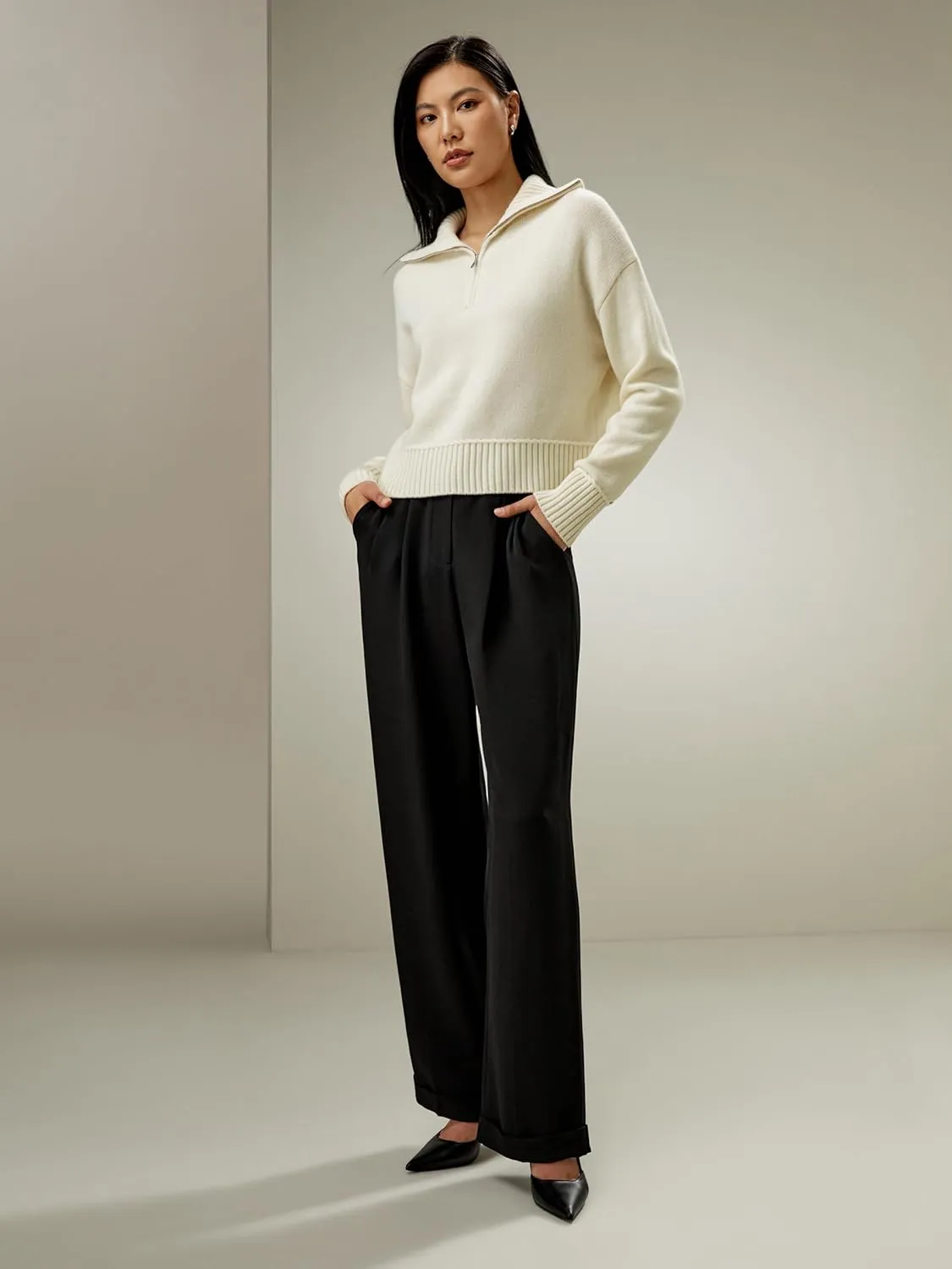 LilySilk Wool Cashmere Blend Sweater for Women Lapel Knitted Pullover Top Ladies Relaxed Fit Dropped Shoulder Sleeves