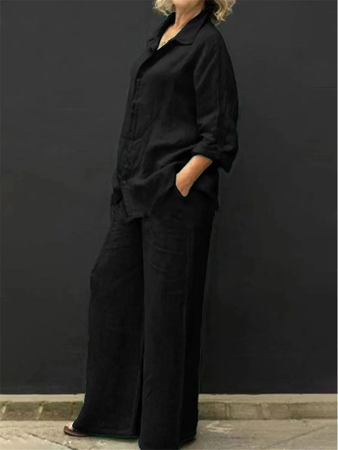Linen Suits for Women Summer Two Piece Outfits Trouser Long Sleeve V Neck Top 2 Piece Suit Set Casual Trouser Suit