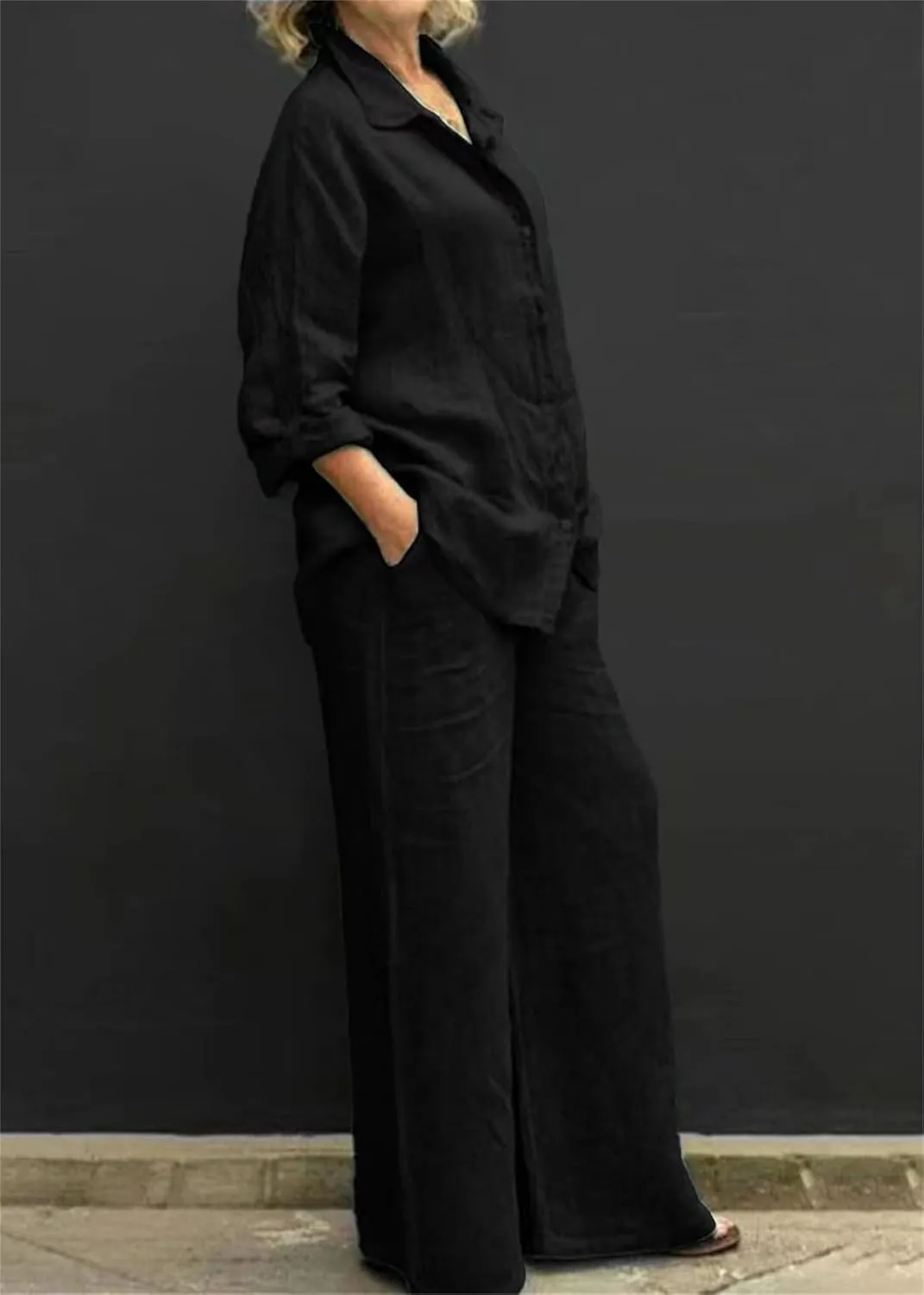 Linen Suits for Women Summer Two Piece Outfits Trouser Long Sleeve V Neck Top 2 Piece Suit Set Casual Trouser Suit