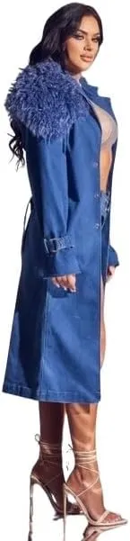 Long Denim Trench Coat with Faux Fur Collar, Blue, Full Length
