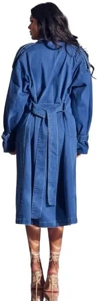 Long Denim Trench Coat with Faux Fur Collar, Blue, Full Length