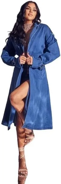 Long Denim Trench Coat with Faux Fur Collar, Blue, Full Length