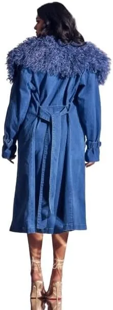 Long Denim Trench Coat with Faux Fur Collar, Blue, Full Length
