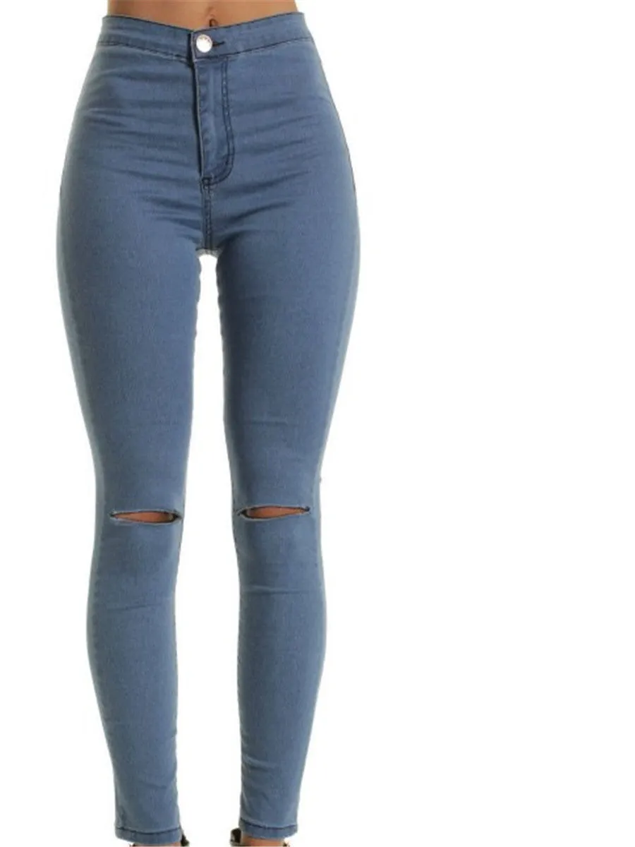 LONGBIDA Elastic Women Ripped Pencil Jeans Mid Waist Zipper Skinny