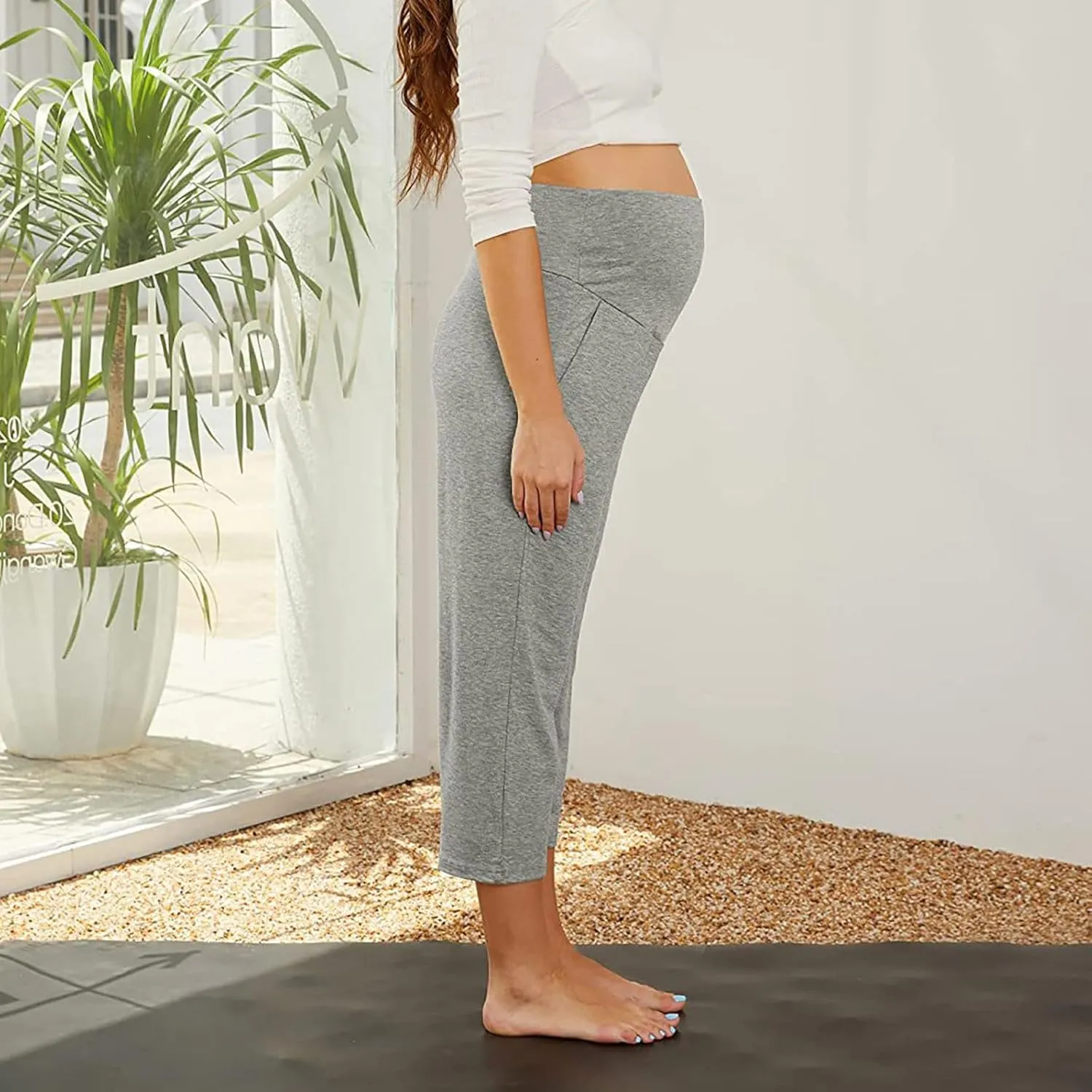 Maternity Capris Leggings for Women High Waist Capri Pants with Pockets Casual Stretchy Comfy Lounge Yoga Leggings