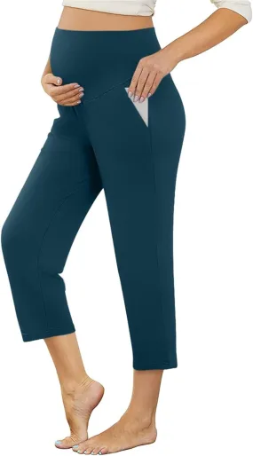 Maternity Capris Leggings for Women High Waist Capri Pants with Pockets Casual Stretchy Comfy Lounge Yoga Leggings